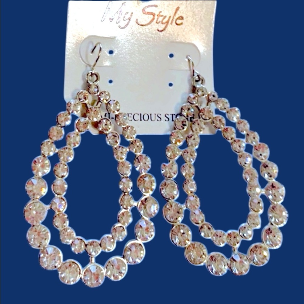 My Style Pierced Earrings Silver clear Rhinestone 2” Dangling Fashion Jewelry
